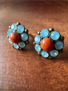 Michal Negrin Red Stone Earrings Post Stud Floral Blue Crystal Rhinestone